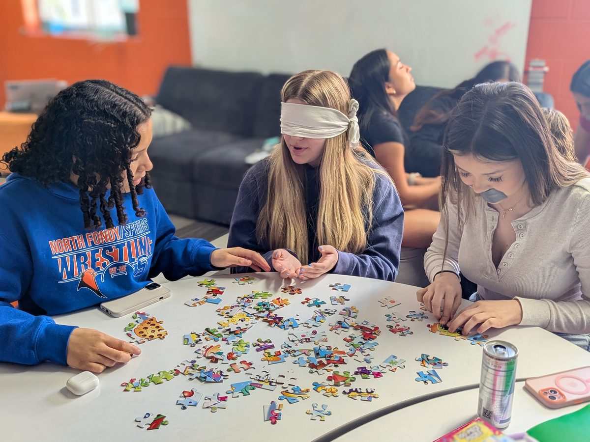 Students solving a puzzle, one blindfolded, one unable to speak, practicing clear communication